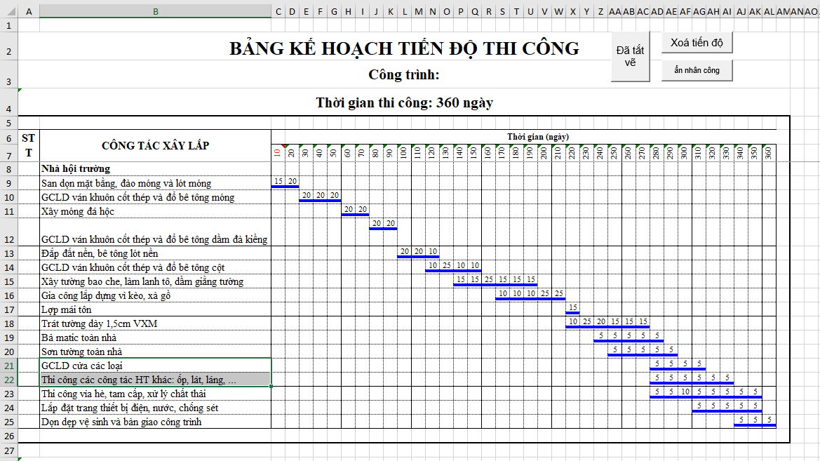 Tải file excel lập tiến độ thi công miễn phí đầy đủ nhất