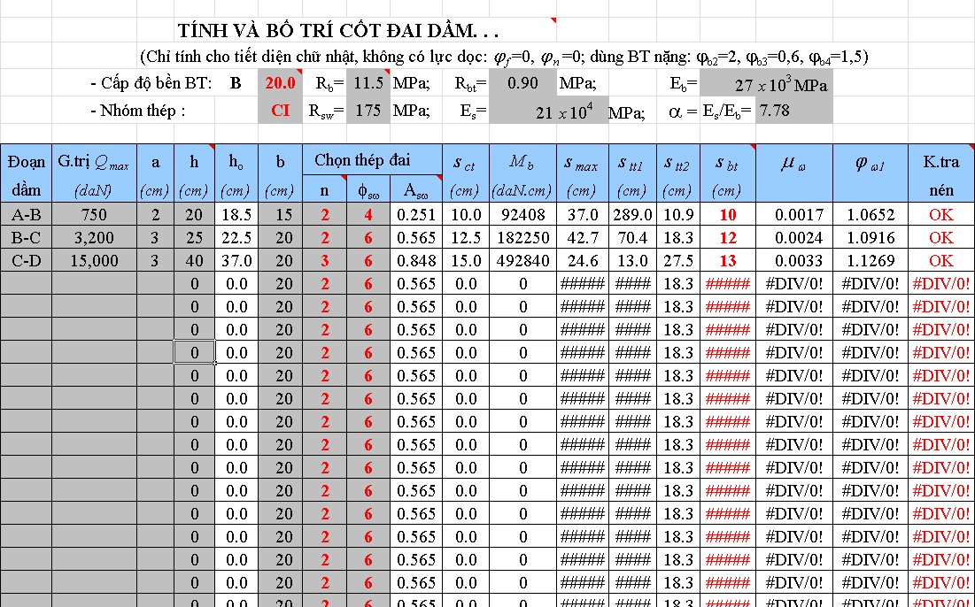 File Excel tính thép dầm từ Etabs
