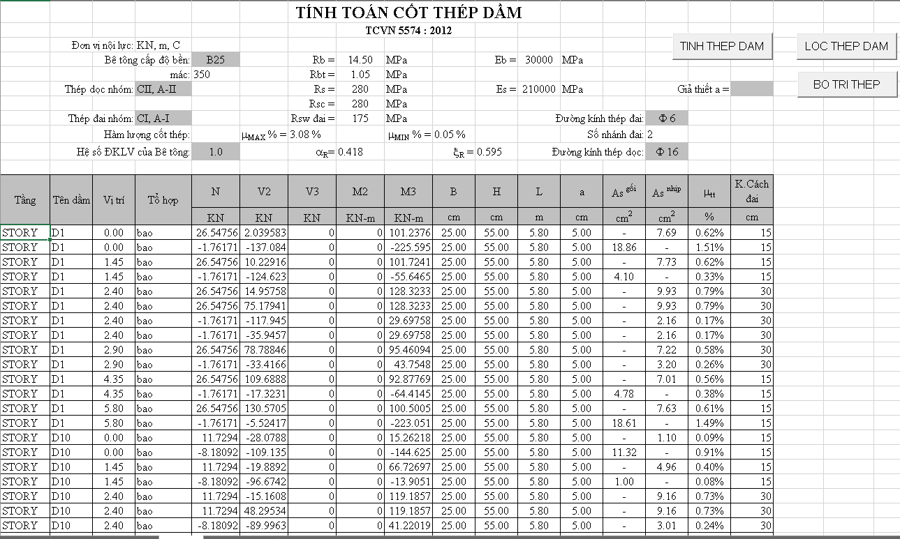 File Excel tính thép dầm từ SAP2000 TCVN 5574 - 2012